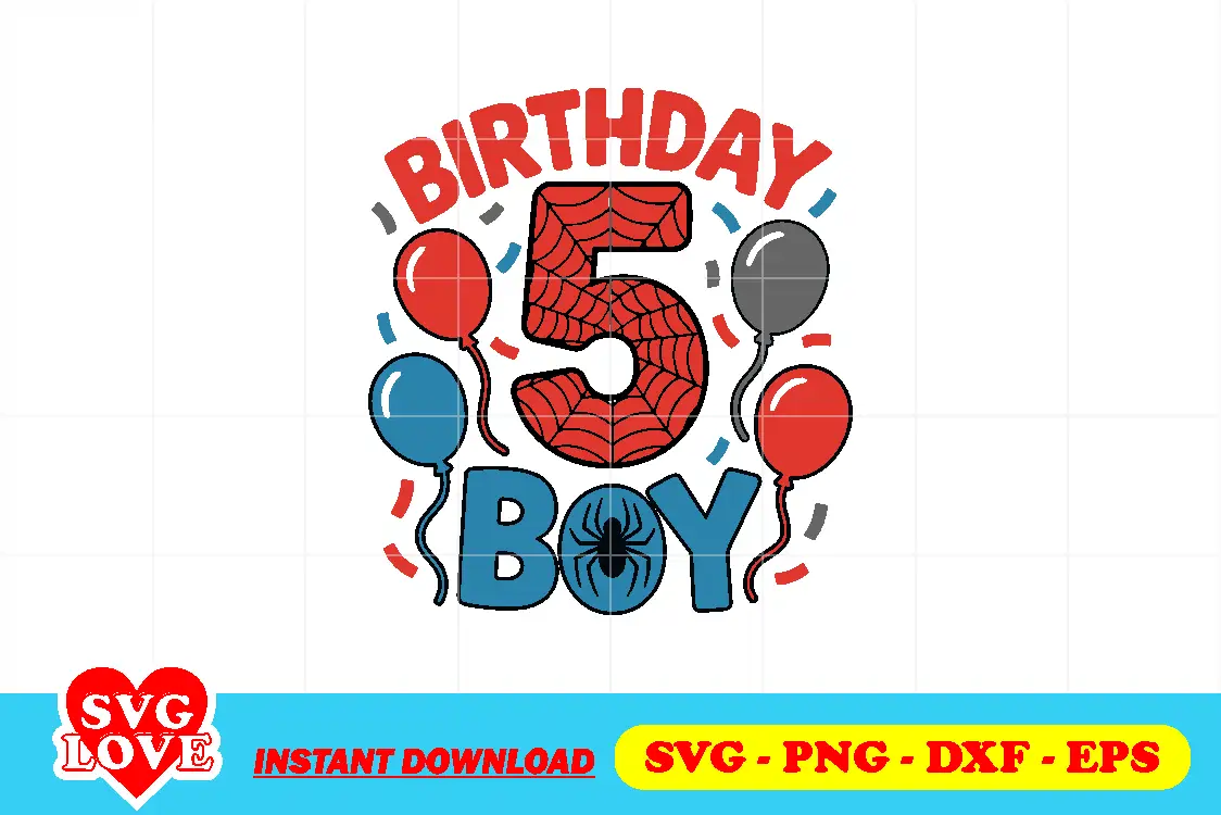 5th birthday boy spider svg cake topper png 5th Birthday Boy Spider SVG Cake Topper PNG - Image 1